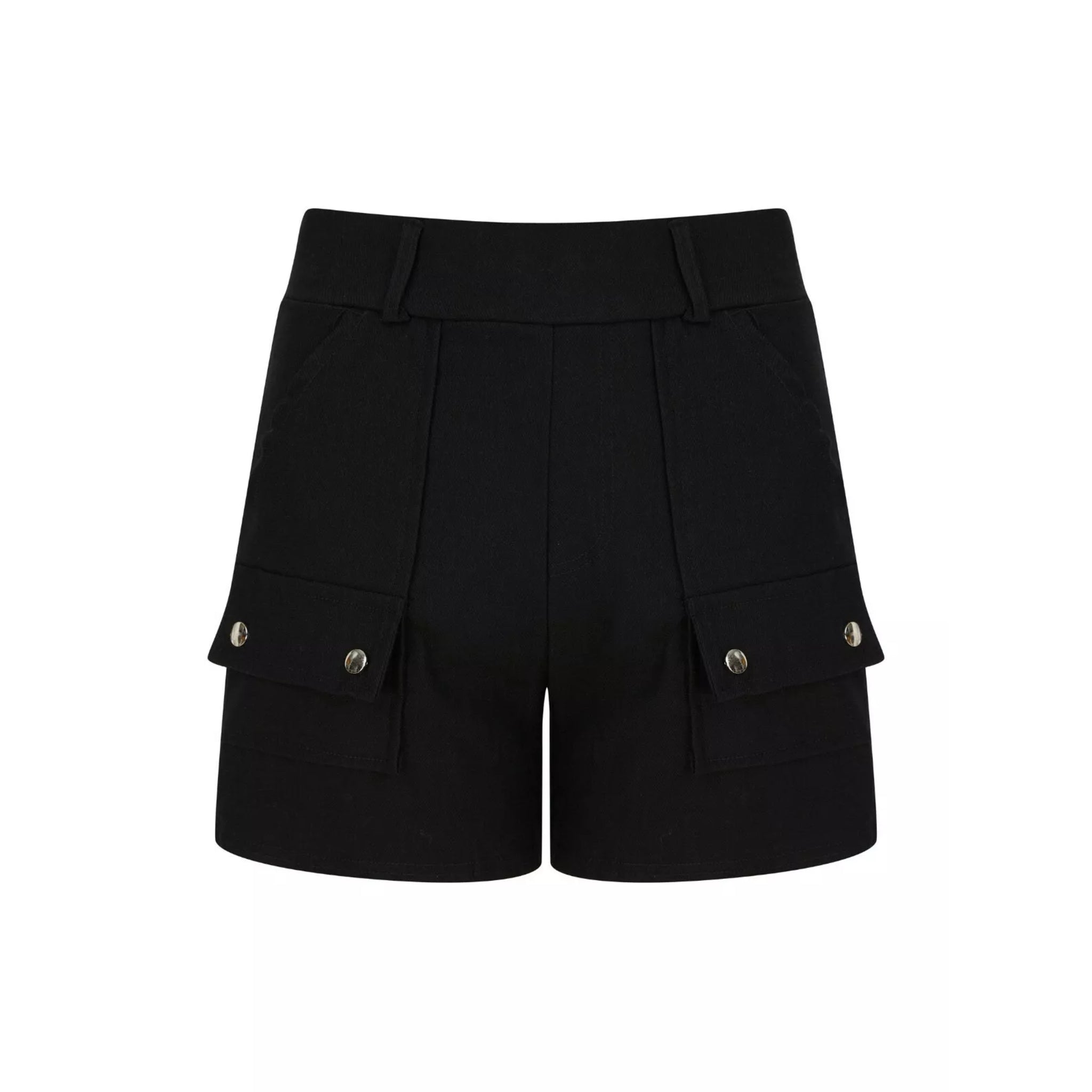 Ladies' black fashion shorts with front flap pockets and silver button detail β high-waisted smart casual summer shorts